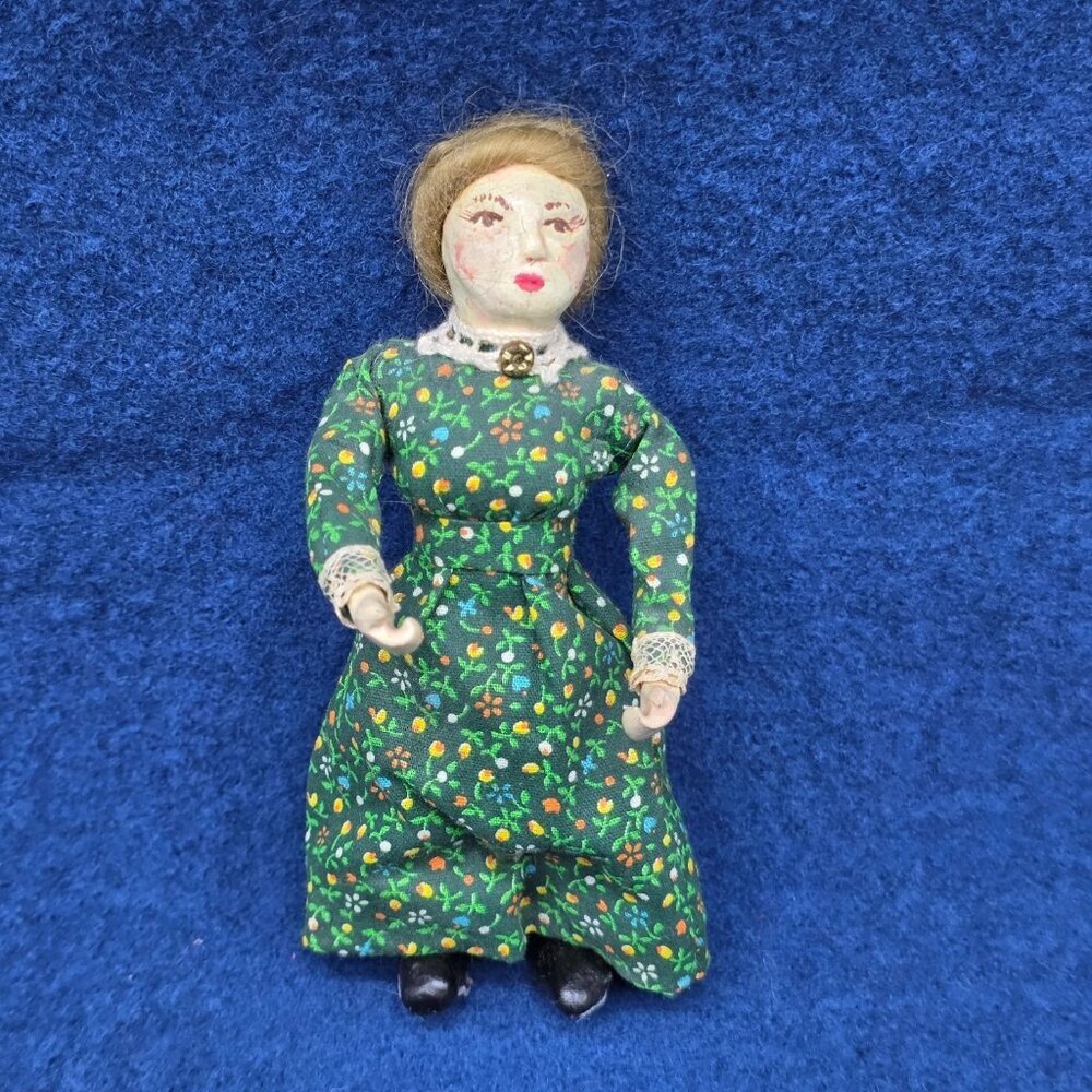 Vintage Folk Art Papier Mache Doll Wood Body Mohair Bendable Limbs 5 in German